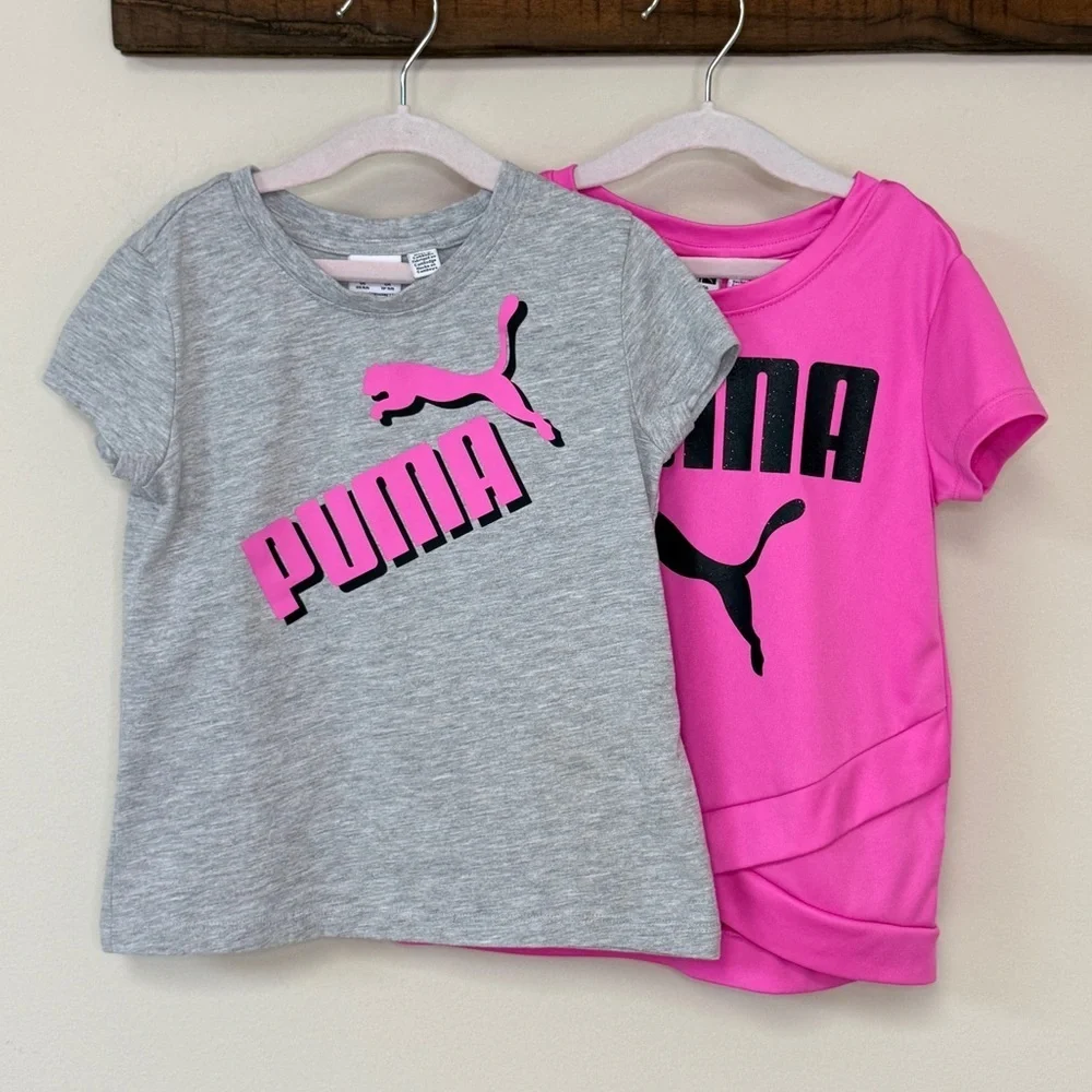 Puma: Lot of (2) Girls Short Sleeve T-Shirts, Pink & Gray Logo, Size XS (5/6)